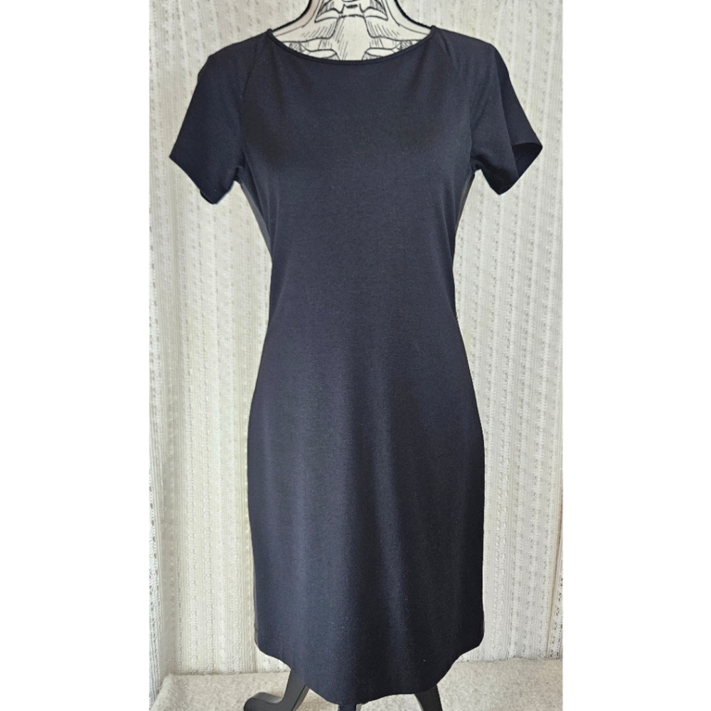Theory Mansa Black Bodycon Lambskin Leather Trim Dress Size 8